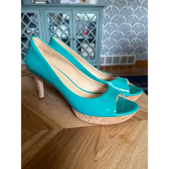 Via Spiga Turqouise Patent Leather Peep-Toe Heels - Picture 1 of 8